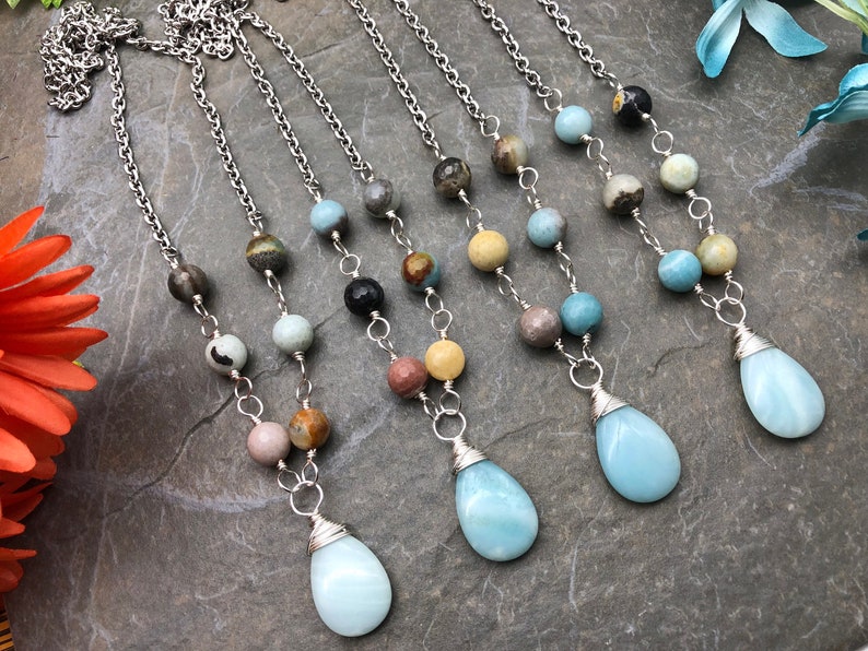 Long Beaded Amazonite Necklace, Blue Boho Necklace, Blue Stone Necklace, Amazonite Pendant, Summer Necklace, Gift for Her image 7