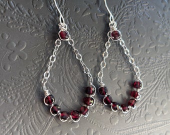 Red Garnet Earrings Sterling Silver, Sparkly Red Earrings Dangle, Holiday Earrings, Gift for Her, January Birthstone Earrings