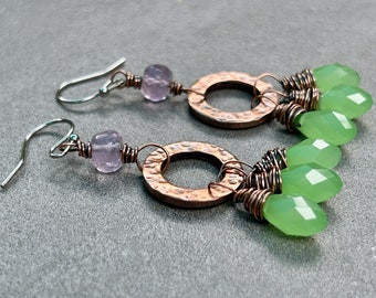 Green Dangle Earrings, Green Chalcedony Drop Earrings, Copper Circle Earrings, Purple Amethyst Earrings, Green Stone Drops