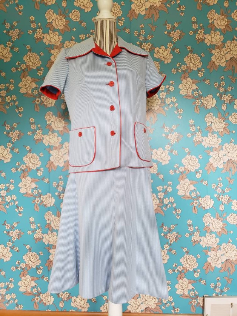 1960/'s Light Blue Striped Summer Suit Set Medium