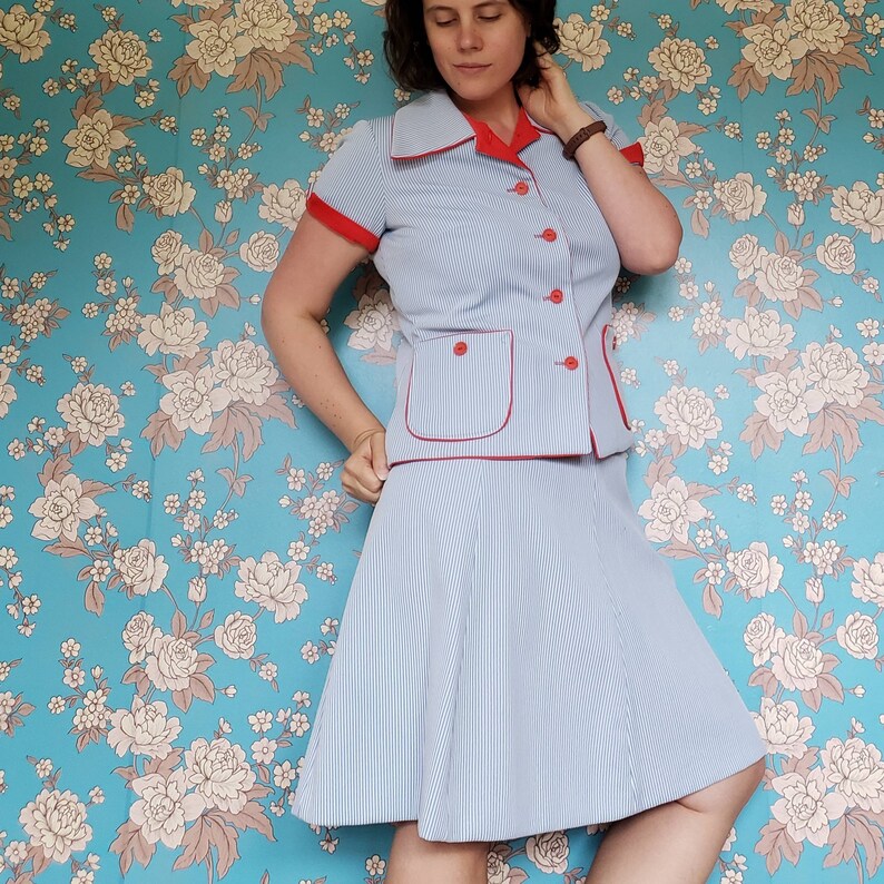 1960/'s Light Blue Striped Summer Suit Set Medium