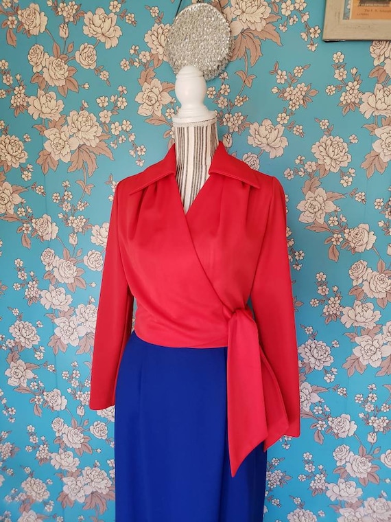 70's Red Polyester Wrap Top- Medium