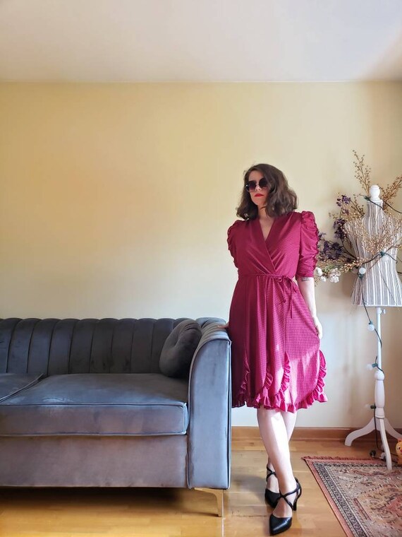 1970s Maroon Polka Dot with ruffles Boho style dress … Gem