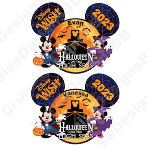 Peut inclure: Deux oreilles de Mickey Mouse Disney Cruise Line Halloween on the High Seas 2023. Les oreilles sont violettes et noires avec un motif de toile d'araign&eacute;e. L'oreille gauche porte le texte "Disney Wish" et le nom "Evan". L'oreille droite porte le texte "Disney Wish" et le nom "Vanessa".