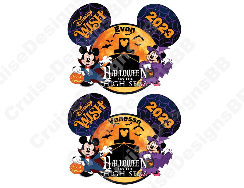 Peut inclure: Deux oreilles de Mickey Mouse Disney Cruise Line Halloween on the High Seas 2023. Les oreilles sont violettes et noires avec un motif de toile d'araign&eacute;e. L'oreille gauche porte le texte "Disney Wish" et le nom "Evan". L'oreille droite porte le texte "Disney Wish" et le nom "Vanessa".