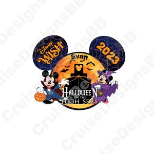 Peut inclure: Un serre-t&ecirc;te Mickey Mouse avec un motif d'araign&eacute;e violet et noir sur une oreille et une lune jaune avec des chauves-souris et le texte "Evan" sur l'autre oreille. Le serre-t&ecirc;te pr&eacute;sente &eacute;galement une image en noir et blanc de Mickey Mouse habill&eacute; en vampire et de Minnie Mouse habill&eacute;e en sorci&egrave;re. Le texte "Disney Wish" est sur le serre-t&ecirc;te et le texte "Halloween on the High Seas 2023" est sur le serre-t&ecirc;te.