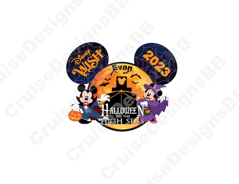 Peut inclure: Un serre-t&ecirc;te Mickey Mouse avec un motif d'araign&eacute;e violet et noir sur une oreille et une lune jaune avec des chauves-souris et le texte "Evan" sur l'autre oreille. Le serre-t&ecirc;te pr&eacute;sente &eacute;galement une image en noir et blanc de Mickey Mouse habill&eacute; en vampire et de Minnie Mouse habill&eacute;e en sorci&egrave;re. Le texte "Disney Wish" est sur le serre-t&ecirc;te et le texte "Halloween on the High Seas 2023" est sur le serre-t&ecirc;te.