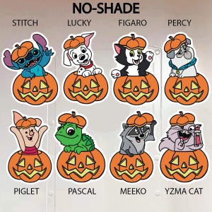 May include: A collection of eight Halloween-themed stickers featuring cartoon characters inside carved orange pumpkins. Characters include Stitch, Lucky, Figaro, Percy, Piglet, Pascal, Meeko, and Yzma Cat, each wearing a pumpkin hat. The text "NO-SHADE" is at the top.