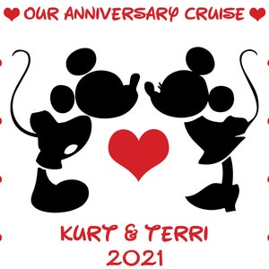 Aimant de porte personnalisé Disney Cruise embrasser Minnie et Mickey avec des coeurs pour un anniversaire de mariage et une lune de miel