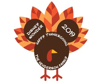 May include: Thanksgiving-themed graphic of a turkey with a brown body and head, and orange and red feathers. The turkey has a Mickey Mouse-inspired head shape. Text includes "Disney Wonder", "Happy Thanksgiving", "2019", and "The Henderson Family".