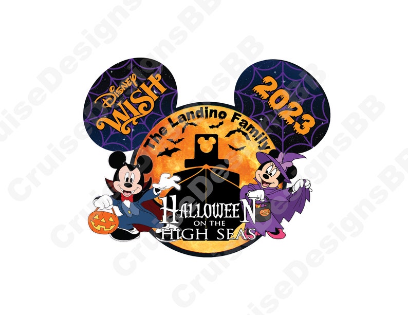 Peut inclure: Des oreilles de Mickey Mouse sur le th&egrave;me d'Halloween sur la haute mer d'une croisi&egrave;re Disney Wish avec un motif de toile d'araign&eacute;e violet et noir, le texte "Disney Wish" et "2023", une pleine lune avec des chauves-souris, le texte "The Landino Family", et Mickey Mouse et Minnie Mouse habill&eacute;s en costumes d'Halloween.