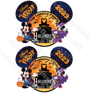 Peut inclure: Deux oreilles de Mickey Mouse et Minnie Mouse avec un motif de toile d'araign&eacute;e noire pour la croisi&egrave;re Halloween sur les mers Disney Wish 2023. Les oreilles sont d&eacute;cor&eacute;es d'une pleine lune, de chauves-souris et du texte "Disney Wish" et "Halloween sur les mers".
