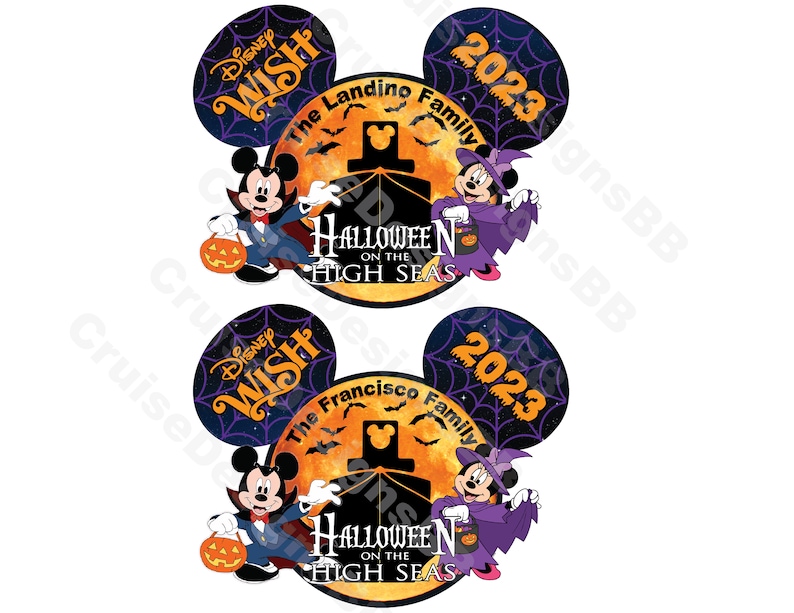 Peut inclure: Deux oreilles de Mickey Mouse et Minnie Mouse avec un motif de toile d'araign&eacute;e noire pour la croisi&egrave;re Halloween sur les mers Disney Wish 2023. Les oreilles sont d&eacute;cor&eacute;es d'une pleine lune, de chauves-souris et du texte "Disney Wish" et "Halloween sur les mers".