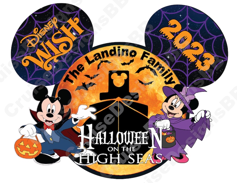 Peut inclure: Mickey et Minnie Mouse habill&eacute;s en costumes d'Halloween. Mickey est un vampire et Minnie est une sorci&egrave;re. Ils se tiennent devant une pleine lune avec des chauves-souris qui volent autour. Le texte "The Landing Family" est &eacute;crit sur la lune. Le texte "Disney Wish" est sur l'oreille gauche et "2023" est sur l'oreille droite. Le texte "Halloween on the High Seas" est &eacute;crit sous la lune.