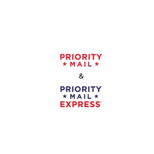 May include: White background with the words "PRIORITY MAIL" and a red star above and below the text. Below, the words "PRIORITY MAIL EXPRESS" are displayed in blue and red.