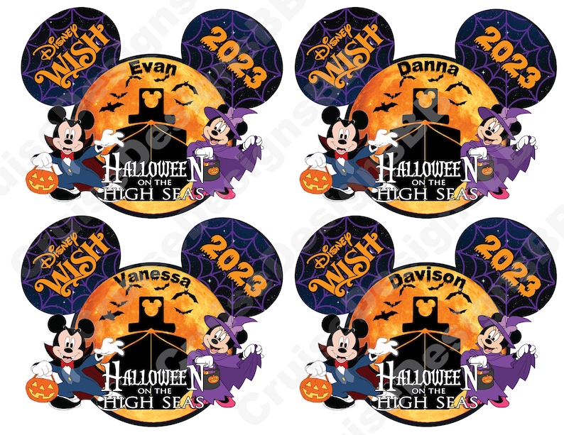 Peut inclure: Quatre ensembles d'oreilles de Mickey Mouse et Minnie Mouse de Disney sur le th&egrave;me d'Halloween en haute mer. Chaque ensemble porte un nom diff&eacute;rent, notamment Evan, Danna, Vanessa et Davison. Les oreilles sont violettes avec un motif de toile d'araign&eacute;e noire et un charme 2023. Le centre de chaque ensemble pr&eacute;sente une pleine lune avec des chauves-souris qui volent autour, une silhouette de navire et Mickey et Minnie habill&eacute;s en costumes d'Halloween.