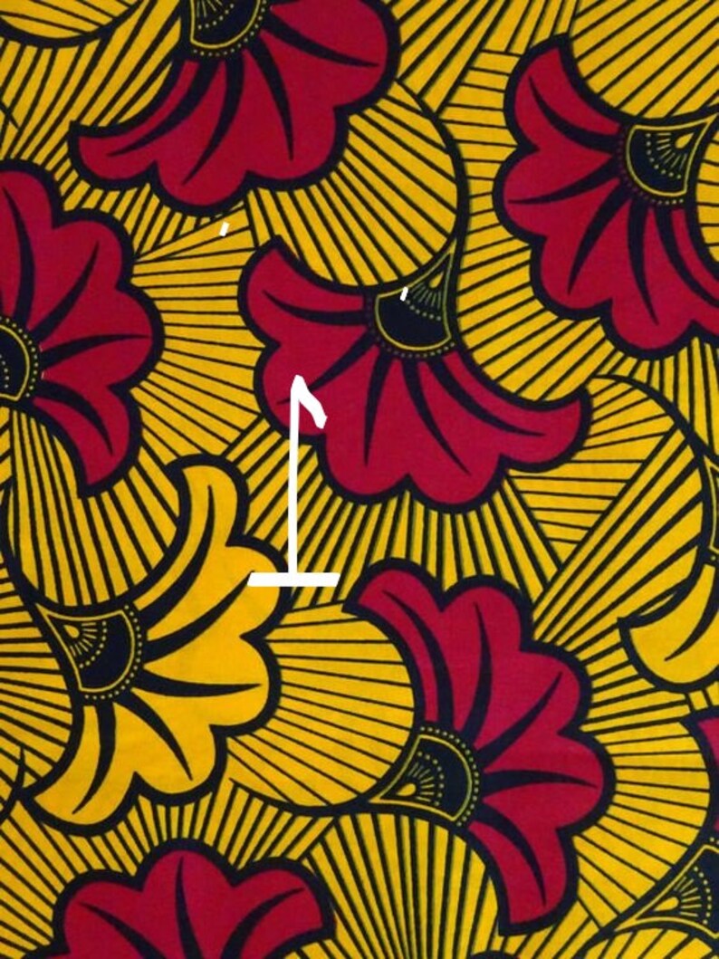 May include: A fabric pattern with a repeating design of red and yellow flowers. The flowers have a black center and are surrounded by yellow rays.