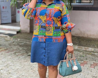 Denim & Ankara Shirt Dress: African Print Cotton, Summer Fashion