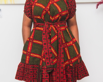Handmade African Print Flared Dress: Red Cotton Summer Fashion