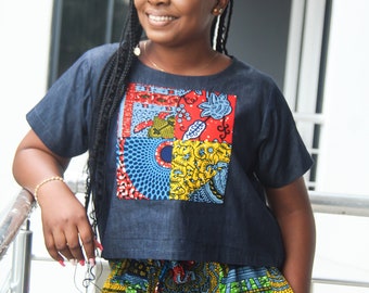 Adele Denimkara Short & Crop Top Set/ African Print Short/ Crop Top/ Summer Fashion/ Spring Fashion/ Ankara Short/ Ankara Crop Top