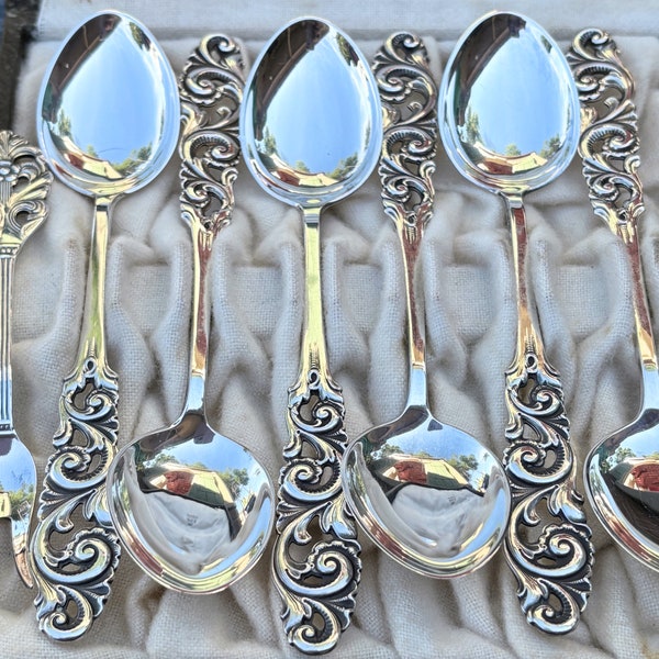 Antique Art Nouveau Mylius Norway Brodrene 830 Silver Norwegian Repousse Demitasse TELE Spoon Set  & Mathinsen Viking Rose Cocktail Fork.