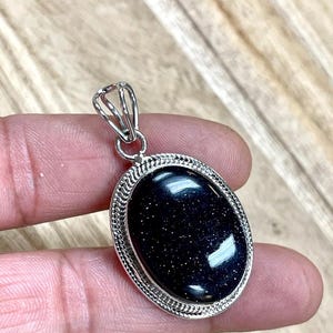 Blue Goldstone Pendant - .925 Sterling Silver and Goldstone Natural Gemstone Pendant -  Flashy Blue Goldstone Sandstone Pendant Necklace