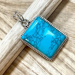 Blue Turquoise Pendant - .925 Sterling Silver and Blue Turquoise Natural Gemstone Pendant -  Smooth Square Turquoise Pendant Necklace
