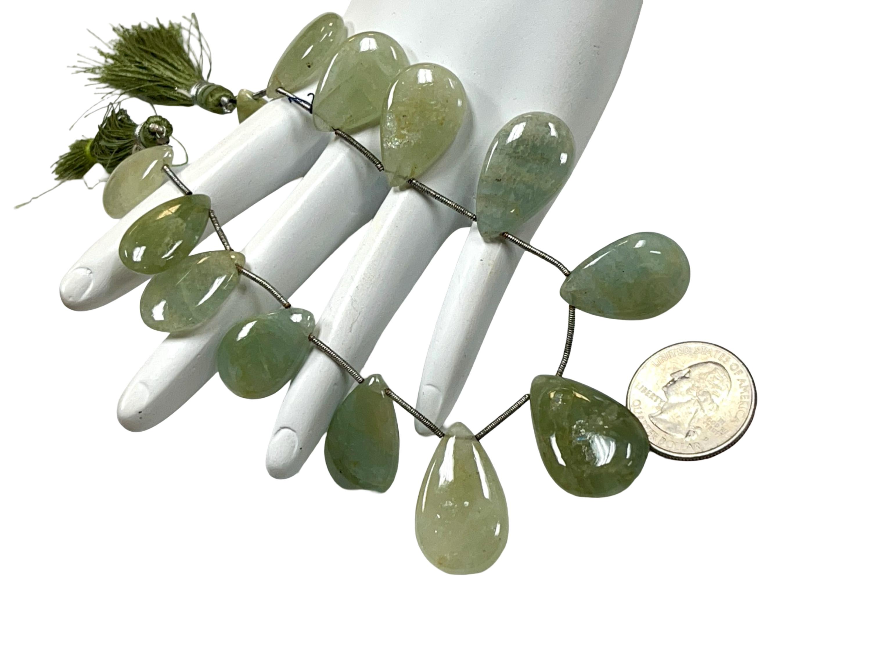 Green Amethyst Teardrop Briolettes | 30x20mm to 20x15mm Graduated | 9-Inch Strand | Smooth Polished Prasiolite Beads