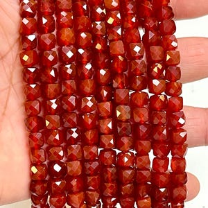 Carnelian Gemstone Beads 7-8mm Faceted Cube Shape Strand 15” Long Red Orange Polished Beads for Jewelry Making Necklace Bracelet
