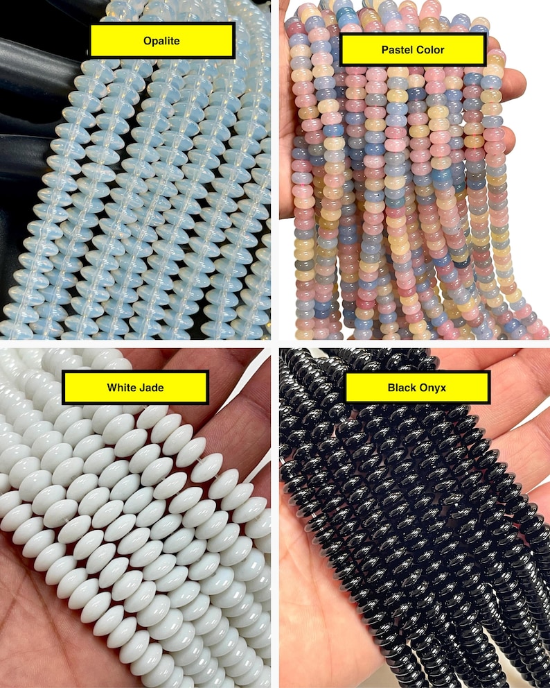 Op de afbeelding: Vier strengen met rondelvormige kralen. Linksboven: doorschijnende opaliet kralen. Rechtsboven: veelkleurige pastelkleurige kralen. Linksonder: ondoorzichtige witte jade kralen. Rechtsonder: glanzende zwarte onyx kralen. Elke streng is gelabeld.