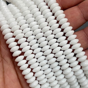 8mm White Jade Smooth Rondelle Gemstone Beads Strand 16” Long, Natural White Stone Beads for Jewelry Making, Bright White Polished Beads