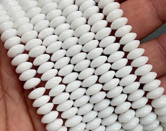8mm White Jade Smooth Rondelle Gemstone Beads Strand 16” Long, Natural White Stone Beads for Jewelry Making, Bright White Polished Beads