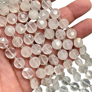 10mm White Quartz Gemstone Faceted Coin Beads, Natural White Gemstone Coin Beads Strand, Round Flat Faceted Beads for Jewelry Making