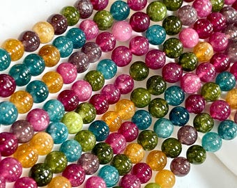8mm Tourmaline Quartz Round Beads Strand – Multicolor Gemstone Beads Jewelry Making, Polished Smooth Round Beads, 15" Gemstone Disco Beads