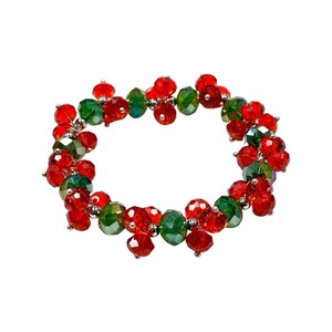 May include: A red and green beaded bracelet with silver accents. The bracelet is made of small, faceted beads that are strung together in a circular pattern.