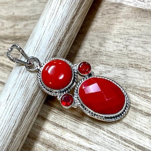 Red Coral Pendant - .925 Sterling Silver and Coral Natural Gemstone Pendant - Smooth Coral and Garnet Pendant - Coral Pendant Necklace