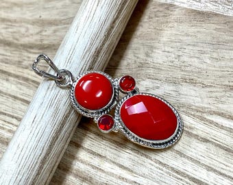 Red Coral Pendant - .925 Sterling Silver and Coral Natural Gemstone Pendant - Smooth Coral and Garnet Pendant - Coral Pendant Necklace