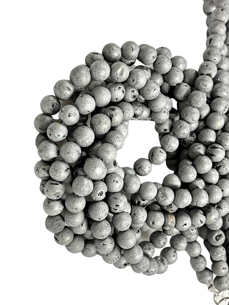 Perle rotonde di agata druzy nera naturale da 8 mm, 10 mm, 12 mm e 14 mm con cristalli di quarzo bianco scintillante, filo da 15,5 - Italia