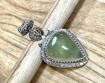 Pendentif en préhnite - Pendentif en argent sterling 925 et pierres précieuses naturelles préhnite - Pendentif préhinte lisse - Collier avec pendentif en préhnite vert