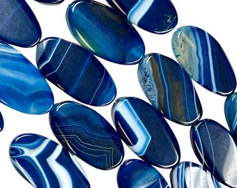 Ocean Wave Blue Agate Large 45x25mm Flat Oval Beads Strand, Twisted Blue Agate Gemstone Beads with Unique Patterns for Jewelry Making