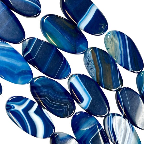 Ocean Wave Blue Agate Large 45x25mm Flat Oval Beads Strand, Twisted Blue Agate Gemstone Beads with Unique Patterns for Jewelry Making