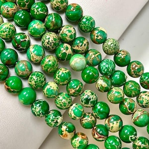 Green Sediment Jasper Beads 8mm Smooth Round Imperial Impression Jasper Stone, 15.5&quot; Full Strand, Wholesale Beads For Jewelry Making