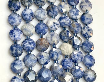 Sodalite Gemstone Beads 10mm Faceted Coin Shape Strand 15” Long Blue White Polished Beads for Jewelry Making Necklace Bracelet