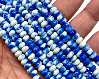 Blue Rain Flower Jasper Beads 6mm 8mm Rondelle Shape Glossy Gemstone Strand 15.5”, Blue White Swirl Jasper Beads for Jewelry Making DIY