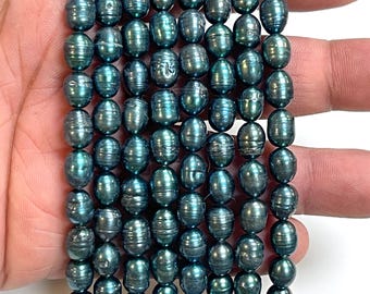 Stunning Peacock Teal Freshwater Pearl Gemstone Beads 9x7mm Oval Baroque, 15 Inch Strand, Metallic Green Blue Pearl Beads