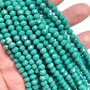 Teal Green Crystal Beads 6mm Faceted Rondelle, 8” Strands, 5-Strand Lot, Green Glass Beads for Jewelry Making, Sparkly Bead Supply