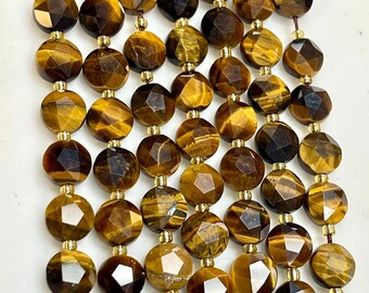 Tiger Eye Gemstone Beads 10mm Faceted Coin Shape Strand 15” Long Golden Brown Polished Beads for Jewelry Making Necklace Bracelet