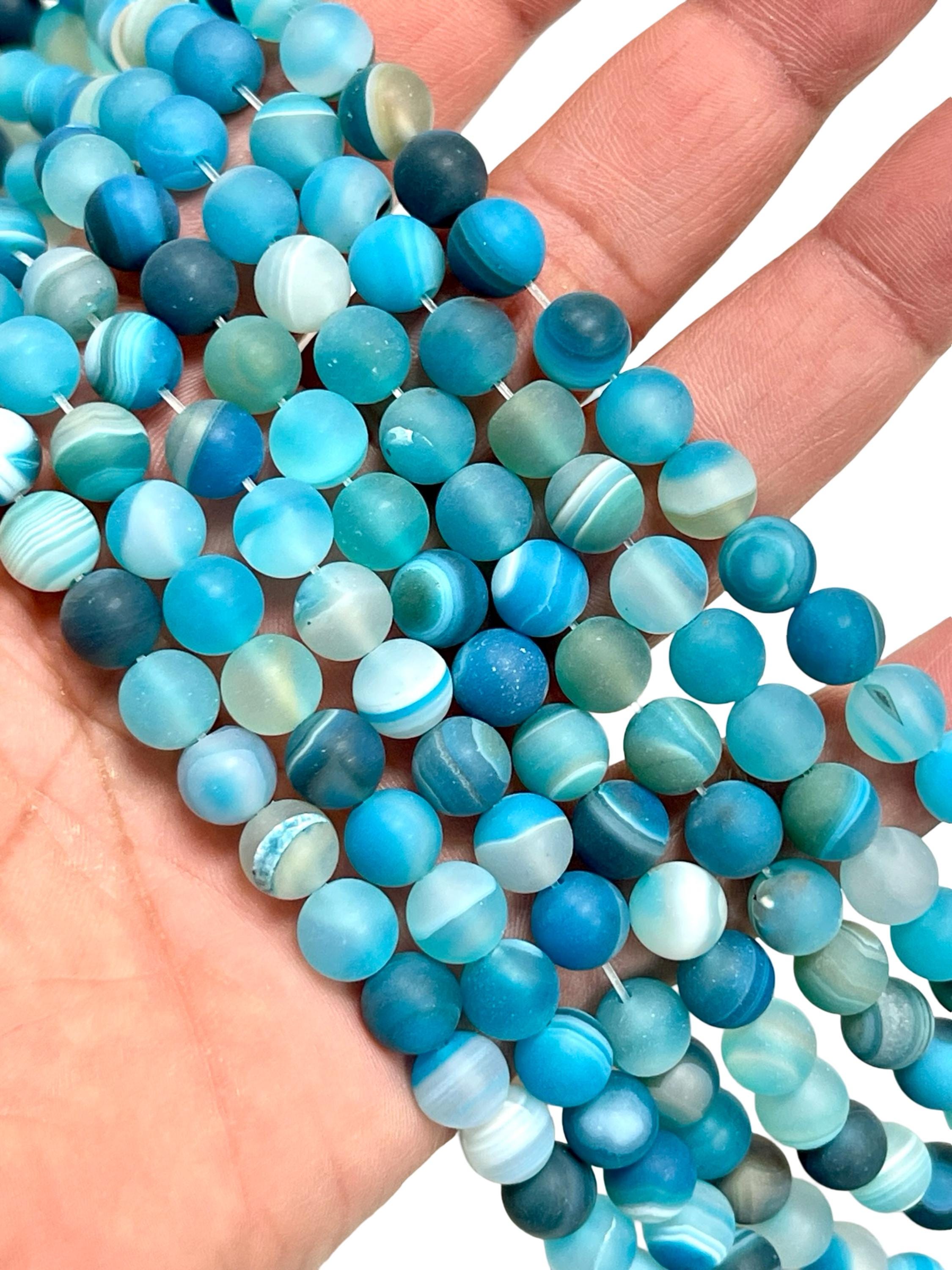 Ocean Blue Frosted Banded Agate Beads 8mm Round Matte Gemstone Strand 15.5”, Aqua Teal Blue Stripe Agate Beads for Jewelry Making DIY