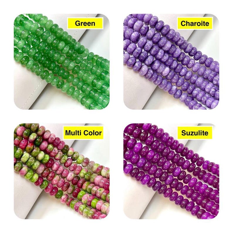 Op de afbeelding: Vier strengen van ronde, schijfvormige kralen gerangschikt in een raster. De streng linksboven is groen, rechtsboven is gelabeld als Charoite in paars, linksonder is gelabeld als Multi Color in roze en groen, en rechtsonder is gelabeld als Suzulite in donker magenta.