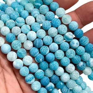 Aqua Blue Frosted Crackle Agate Beads 8mm Round, Matte Finish Gemstone Strand 15.5” Long, Blue Agate Beads for Jewelry Making DIY